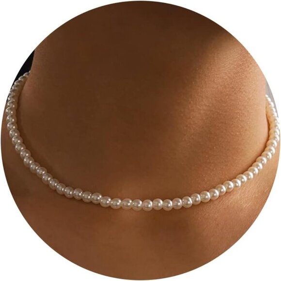 Pearl Necklace for Women,4-8MM Dainty Round Imitation Pearl Choker Necklace Wedd - Picture 1 of 6